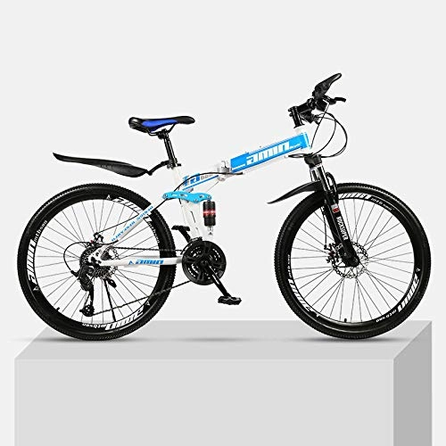 Bicicletas de montaña plegables : Bicicleta de montaña Marco de acero de alto carbono plegable de 24 pulgadas con absorcin de impactos doble velocidad variable para hombres y mujeres bicicleta todoterreno-Azul_30 velocidades
