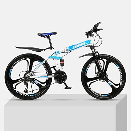 Bicicletas de montaña plegables : Bicicleta de montaña Marco de acero de alto carbono plegable de una rueda de 26 pulgadas con doble velocidad de amortiguacin para hombres y mujeres bicicleta todoterreno-Azul_30 velocidades