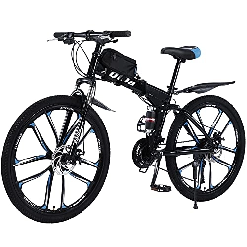Bicicletas de montaña plegables : Bicicleta de montaña plegable de 26 pulgadas con doble amortiguación, marco de fibra de carbono con bolsa para bicicleta, frenos de disco, bicicleta de suspensión completa (azul)