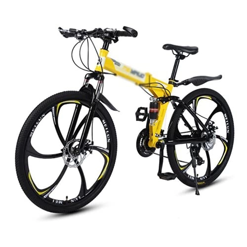 Bicicletas de montaña plegables : Bicicleta Montaña Bicicleta De Montaña Plegable para Jóvenes / Adultos Marco De Acero Al Carbono De Alta Tracción De 26 Pulgadas De 21 Pulgadas 21 / 24 / 27-velocidad con (Size:21 Speed, Color:Amarillo)