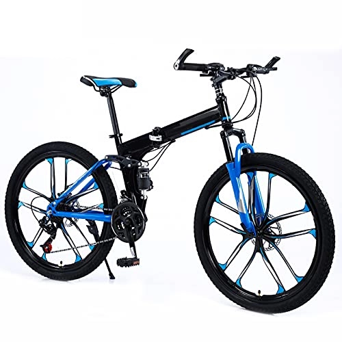 Bicicletas de montaña plegables : Bicicleta Plegable 24 / 27 Velocidad Bicicleta De Montaña 24 Pulgadas 10 Ruedas De Habla MTB Dual Suspensión Bicicleta Adulto Estudiante Al Aire Libre Deporte Ciclismo, Azul, 24 Speed