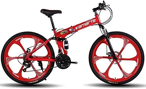 Bicicletas de montaña plegables : Bicicleta plegable Bicicleta de montaña Bicicleta de cola dura Bicicleta de 26 pulgadas Bicicleta de suspensión completa MTB Estudiante adulto Bicicleta de velocidad variable-rojo_21 velocidades