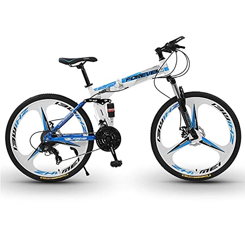 Bicicletas de montaña plegables : Bicicletas de Montaña Bicicleta de montaña de 26 pulgadas con doble suspensión, Bicicleta de trail de 30 velocidades con doble freno de disco, Bicicleta de montaña plegable con cuadro(Color:blanco azul)