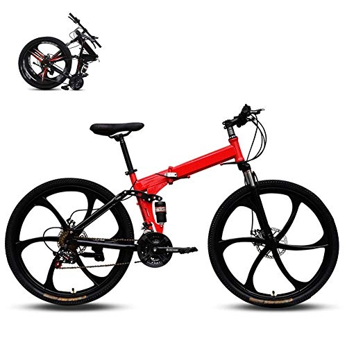 Bicicletas de montaña plegables : Bicicletas De Montaña Plegables, 26 Pulgadas Seis Ruedas De Corte Marco De Acero De Alto Carbono Velocidad Variable Absorción De Doble Choque All Terrain Adult Plegable Bicicleta, Rojo, 21 Speed