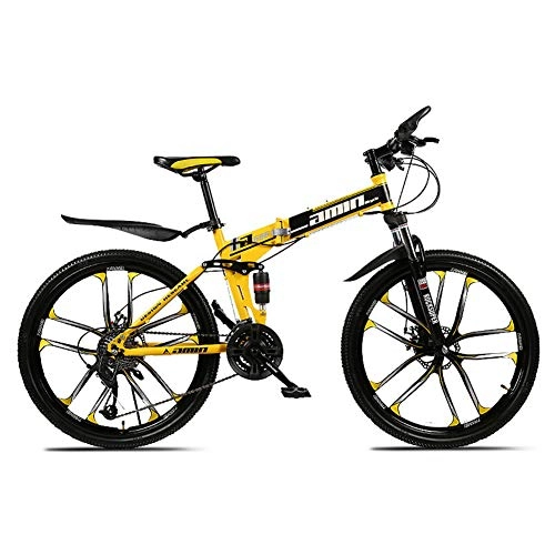 Bicicletas de montaña plegables : Bicicletas de montaña plegables para adultos, bicicleta adulta 24" / 26", cambio de 21 etapas, 10 ruedas cortadoras, MTB, negro y amarillo