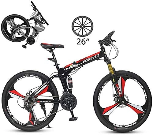 Bicicletas de montaña plegables : BUK Bicicleta de Montaña MTB, 26En Plegable Bicicleta de Trekking Cruzada Bicicleta de Acero al Carbono al Aire Libre Unisex Suspensión Completa MTB-26 Pulgadas / 27 velocidades_Rojo