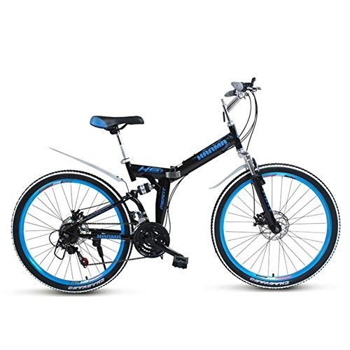 Bicicletas de montaña plegables : DSAQAO Bicicletas MTB De Suspensin Completa, 24 Pulgadas Plegable Mountain Bike 21 24 27 Velocidad Doble Disco Bicicleta para Adultos Adolescentes Estudiante Negro+Azul 21 Velocidad