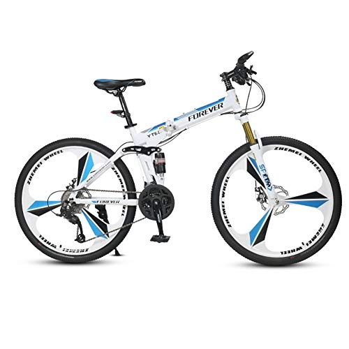 Bicicletas de montaña plegables : DSAQAO Folding Mountain Bike, 26 Pulgadas Suspensin Completa MTB Bicicletas 24 27 Velocidad 3 Spoke Disc Bicicleta para Adultos Adolescentes Estudiante Azul+Blanco 24 Velocidades