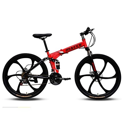 Bicicletas de montaña plegables : DULPLAY Doble-suspensión Adulto Bicicleta De Suspensión, Hombres's Freno De Disco Todo El Terreno Bicicleta De Suspensión, Plegable Bicicleta De Montaña Rojo 24", 21-Velocidad