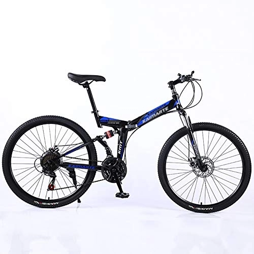 Bicicletas de montaña plegables : Estructura De Acero Suspensión Dual Frenos De Doble Disco Carreras Bicicleta De Suspensión, 24 Pulgadas Adulto Bicicleta De Suspensión, Plegable Bicicleta De Montaña Negro Y Azul 24", 24-velocidad