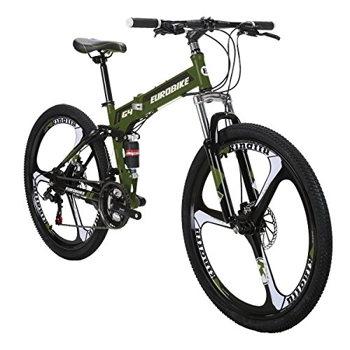 Bicicletas de montaña plegables : Eurobike Bicicleta plegable G4 21 Speed Mountain Bike 26 Pulgadas 3 Radios MTB Doble Suspensión Bicicleta (Ejército)