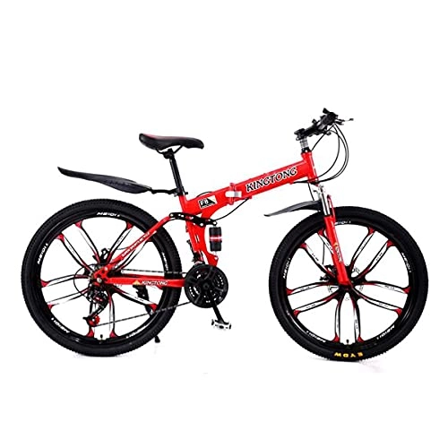 Bicicletas de montaña plegables : FBDGNG Bicicleta de montaña plegable de 21 velocidades, freno de disco dual, 26 pulgadas, bicicleta de montaña con marco de acero al carbono, para niños, niñas, hombres y mujeres (color: rojo)