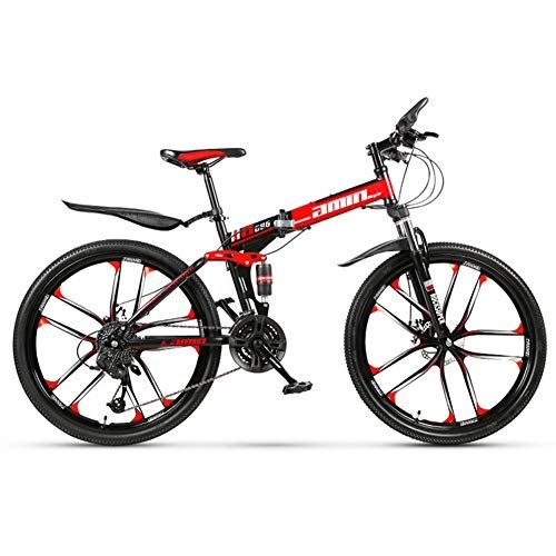 Bicicletas de montaña plegables : FXMJ Bicicleta de montaña Plegable, Cuadro Plegable de MTB de suspensión Completa, Ruedas de 26", Bicicleta para Adultos de Acero con Alto Contenido de Carbono, Freno de Disco, Rojo, 21 Speed