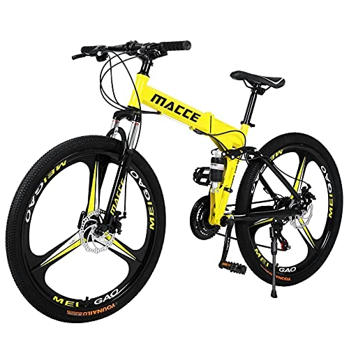 Bicicletas de montaña plegables : Hyhome Bicicletas de montaña plegables para adultos, 26 pulgadas, 3 radios, bicicleta de montaña de 27 velocidades, bicicleta de freno de disco dual para hombres y mujeres (amarillo)