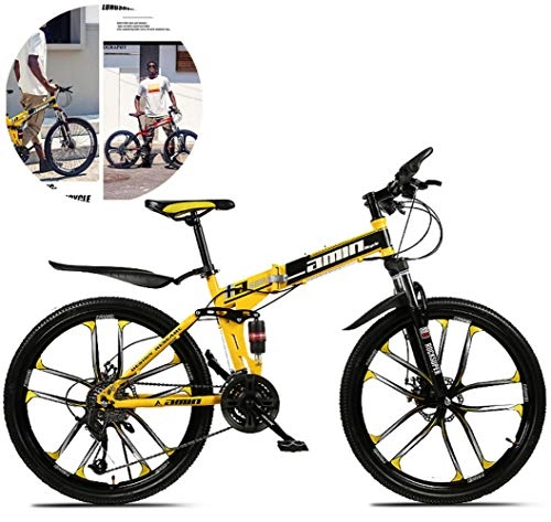 Bicicletas de montaña plegables : Jjwwhh Adulto Bicicleta de montaña Plegable, Bicicletas de Doble Disco de Freno, Bicicletas 26" Cuadro Acero, Propósito General Mujer Hombre, 24-Speed / Amarillo