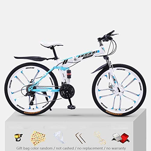 Bicicletas de montaña plegables : KNFBOK Bicicleta montaña Adulto Bicicleta de montaña para Adultos, 21 velocidades, Marco de Acero Grueso, Bicicleta Plegable, 26 Pulgadas, Doble Choque, Rueda de Diez Cuchillas Blanca y Azul