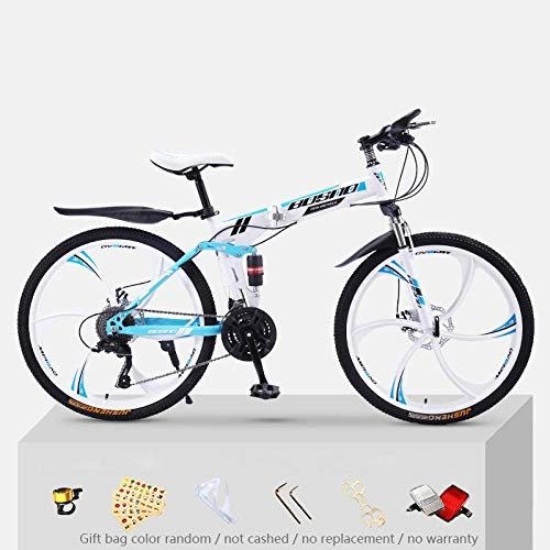 Bicicletas de montaña plegables : KNFBOK bicicleta trek Bicicleta de montaña para adultos, 21 velocidades, marco de acero grueso, bicicleta plegable, 26 pulgadas, doble choque, todoterreno para niños y niñas Rueda de seis cuchillas blanca y azul