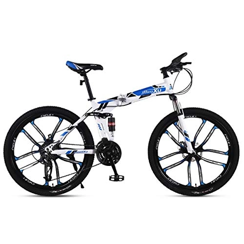 Bicicletas de montaña plegables : KOSGK Bicicleta MontañA Bicicletas para NiñOs 21 / 24 / 27 Marco Acero Velocidad 26 Pulgadas Bicicleta Plegable con SuspensióN Ruedas 10 Radios, Azul, 27 Velocidades