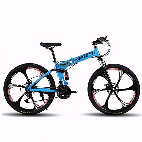 Bicicletas de montaña plegables : LALEO 21 Velocidades Bicicleta De Montaña Plegable 26 Pulgadas 6 Cuchillo Rueda Bicicletas Carbono Acero Doble Disco Freno Bicicletas Deportivas Bicicleta De Montaña, Azul
