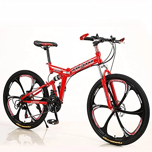 Bicicletas de montaña plegables : LHQ-HQ Bicicleta de montaña de seis ruedas de 26 pulgadas, 21 velocidades, bicicleta de montaña de velocidad variable para adultos, bicicleta de montaña plegable de doble disco, color rojo