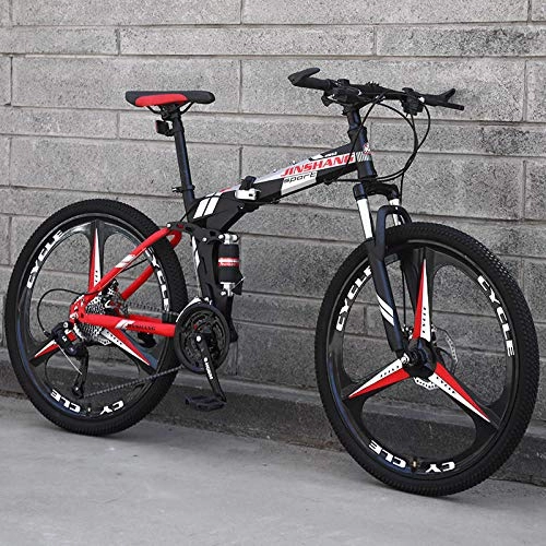 Bicicletas de montaña plegables : Mountain Bike Bicicleta Plegable Bicicleta de montaña de 21 velocidades 26 Pulgadas Ruedas de 3 Rayos MTB Bicicleta de Doble suspensión-Red_21 Velocidad 26 Pulgadas