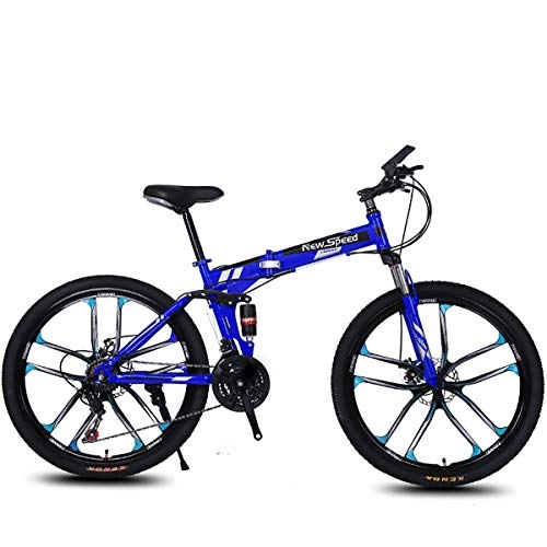 Bicicletas de montaña plegables : PXQ Adultos Plegable Bicicleta de montaña 21 / 24 / 27 velocidades Off-Road Bike 26 Pulgadas de aleacin de magnesio Bicicletas con Amortiguador Delantero Tenedor y Freno de Disco, Blue1, 24S