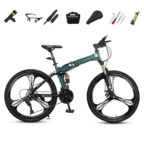 Bicicletas de montaña plegables : SHIN Bicicleta de Montaña Plegable, 27 Velocidades, Bicicleta Adulto, 26 Pulgadas Bici para Hombre y Mujerc, MTB con Full Suspension y Freno Disco / Verde
