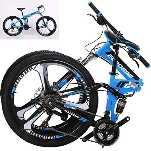 Bicicletas de montaña plegables : SJWR Bicicleta De Montaña Marco De Acero De 24 Velocidades Ruedas De 26 Pulgadas Bicicleta Plegable De Doble Suspensión, Azul