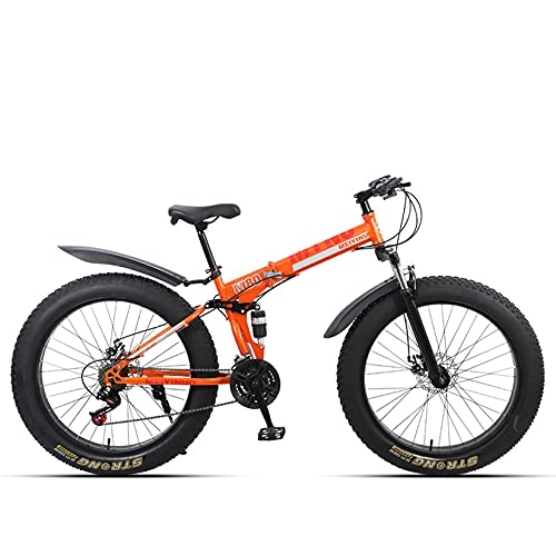 Bicicletas de montaña plegables : WLWLEO Bicicleta de montaña para Hombre de 26 Pulgadas 4.0 Bicicleta de Nieve Fat Tire Bicicleta Plegable Absorción de Choque Doble, Bicicleta Profesional de Velocidad Variable, Naranja, 27 Speed