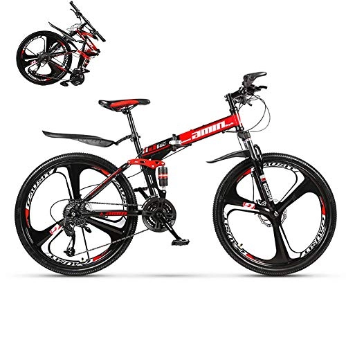 Bicicletas de montaña plegables : XHCP Bicicleta de montaña Plegable de 26 Pulgadas, Bicicleta de MTB con 3 Ruedas de Corte, absorción de Impactos Delantera y Trasera y Frenos de Disco Dobles, Rojo