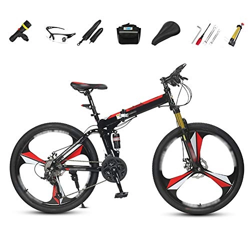 Bicicletas de montaña plegables : YRYBZ Bicicleta de Montaña Plegable, 27 Velocidades, Bicicleta Adulto, 26 Pulgadas Bici para Hombre y Mujerc, MTB con Full Suspension y Freno Disco / Rojo