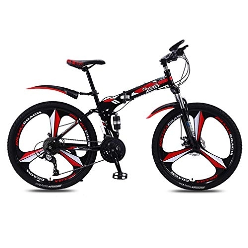 Bicicletas de montaña plegables : ZKHD 24 / 26 Pulgadas 3-Rueda 21 Velocidades De Doble Amortiguador Través De La Bici País Portátil Montaña Plegable De Velocidad Variable, Black Red, 26 Inch