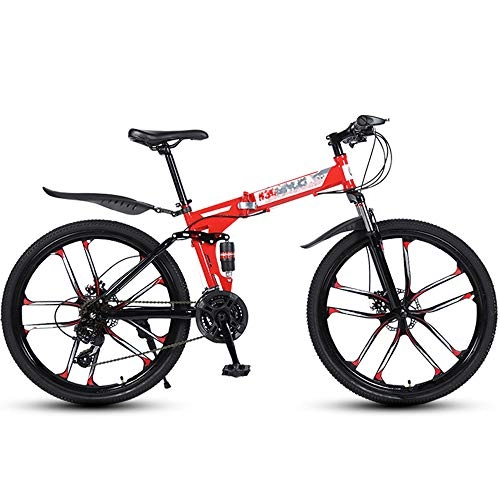 Bicicletas de montaña plegables : ZRZJBX Bicicleta De Montañ Bicicleta Plegable De Acero Al Carbonofreno De Disco Doble, 10 Cuchillos Bicicleta De Velocidad Todoterreno, 26”Red-24speed