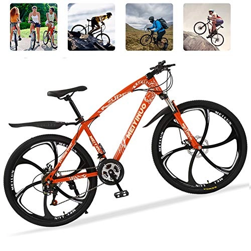 Bicicletas de montaña : 26'' Bicicleta de Carretera para Mujer y Hombre, 21 Velocidad Mountain Bike con Suspensin Delantero, Doble Freno de Disco, Bicicletas Montaa de Carbon Acero, Naranja, 6 Spokes