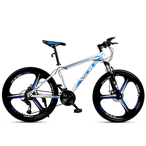 Bicicletas de montaña : Bicicleta de montaña al aire libre Bicicleta de estudiante 24 pulgadas Una rueda Horquilla delantera de resorte Marco de acero de alto carbono Frenos de doble disco-Blanco azul_21 velocidades