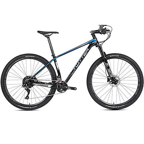 Bicicletas de montaña : Bicicleta de Montaña de Fibra de Carbono para Todo Terreno de 27.5 Pulgadas, con Horquilla de Suspensión de 27 Velocidades / Freno de Doble Disco, Bicicleta MTB de Suspensión Completa, Black+blue, 27.5×15