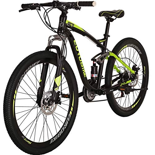 Bicicletas de montaña : Bicicleta de montaña para adultos, ruedas de 27.5 pulgadas, marco de acero al carbono de 17.5 pulgadas, 21 velocidades, frenos de disco, doble suspensión (verde)