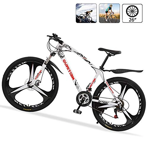 Bicicletas de montaña : Bicicleta de Ruta Carbono Acero R26 21V Bicicleta de Montaña MTB con Suspensión Delantero, Doble Freno de Disco, Blanco, 3 Spokes