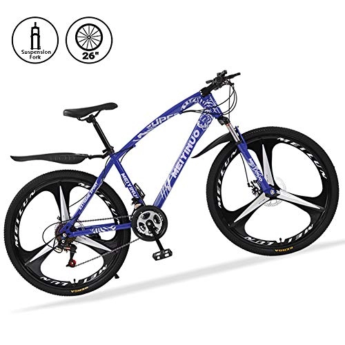 Bicicletas de montaña : Bicicletas de Montaa 26 Pulgadas 21 Speed Mountain Bike de Carbono Acero Suspensin Delantera Vicicletas MTB de Doble Freno de Disco, Azul, 3 Spokes