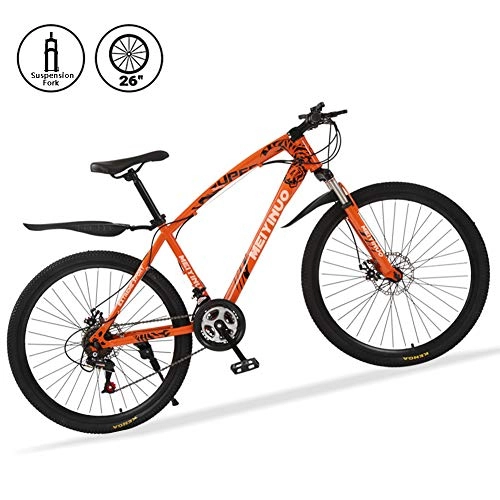 Bicicletas de montaña : Bicicletas de Montaa 26 Pulgadas 21 Speed Mountain Bike de Carbono Acero Suspensin Delantera Vicicletas MTB de Doble Freno de Disco, Naranja, 40 Spokes