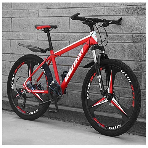 Bicicletas de montaña : Bicicletas de montaña para hombre de 26 pulgadas, bicicleta de montaña rígida de acero al carbono, bicicleta de montaña con asiento ajustable con suspensión delantera, 30 velocidades, rojo de 3 radios
