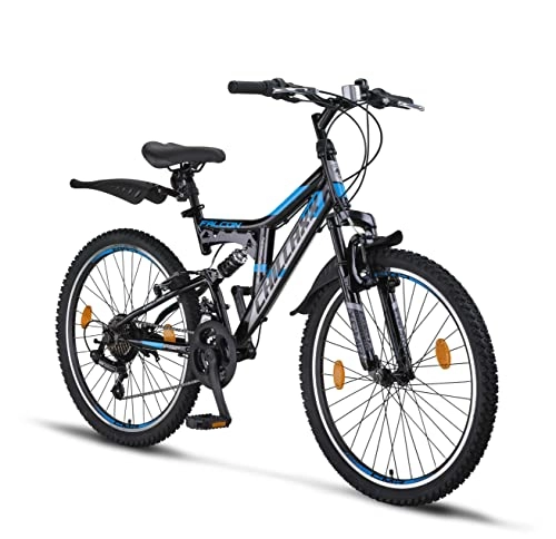 Bicicletas de montaña : Chillaxx Bike Falcon Premium - Bicicleta de montaña de 24 y 26 pulgadas, para niños, niñas, mujeres y hombres, cambio de 21 velocidades, suspensión completa (24 pulgadas, freno en V negro-azul)