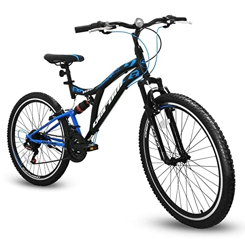 Bicicletas de montaña : Geroni FXC100 - Bicicleta de montaña de 26 pulgadas, biamortiguada, cambio de 21 velocidades, frenos V-Brake (azul)