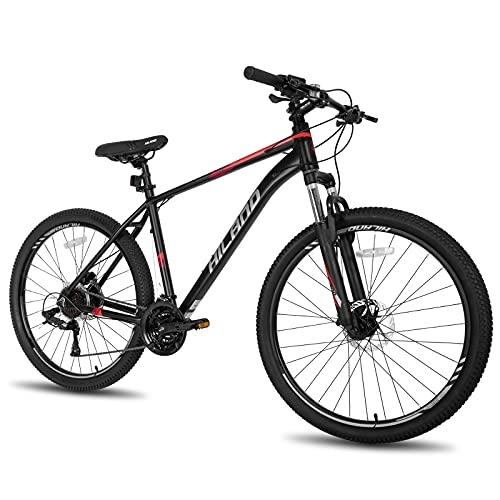 Bicicletas de montaña : Hiland Bicicleta de Montaña 27, 5 Pulgadas 27 Velocidades con Cuadro de Aluminio de 457 mm Bici con Freno de Disco Lock-out y Horquilla de Suspensión Bike Negro y Rojo…