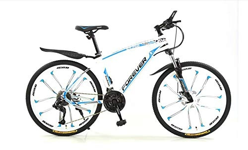 Bicicletas de montaña : KUYT Bicicleta de montaña Ultraligera de 26 Pulgadas y 21 velocidades Cuadro y Horquilla de Acero de Alto Carbono Doble Freno de Disco 10 Rayos, White Blue