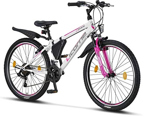 Bicicletas de montaña : Licorne Bike Guide Bicicleta de montaña de 26 pulgadas, cambio Shimano de 21 velocidades, suspensión de horquilla, bicicleta infantil, bicicleta para niños y niñas, bolsa para cuadro, blanco / rosa
