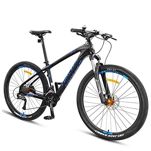 Bicicletas de montaña : MJY Bicicleta de montaña rígida, 27, 5 pulgadas, ruedas grandes, bicicleta de montaña, marco de fibra de carbono, bicicleta de montaña todo terreno para hombre y mujer, dorado, Azul, 27 velocidades