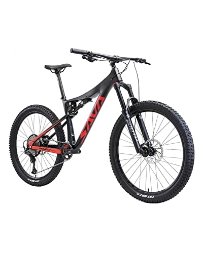 Bicicletas de montaña : SAVADECK Bicicleta de Montaña de Carbono 27.5 / 29 Pulgadas, con Shimano M6100 12 Velocidades, Lock-out Horquilla de Suspensión, Freno de Disco Hidráulico, Soft Tail All Mountain(Negro Rojo, 27.5 * 19")