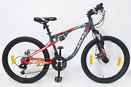 Bicicletas de montaña : VTT Atlas - Bicicleta de montaña de 24 Pulgadas con Doble Freno de Disco 18 velocidades con asa revolucionaria, Rueda Libre y Cambio Shimano