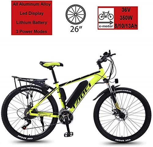Electric Mountain Bike : 26" Electric Mountain Bikes, Hybrid Bikes Adults Electric Bicycle / Commute Ebike With 350W Motor, 36V 8 / 10Ah / 13Ah Lithium Battery, Professional 27 Speed Transmission Gears(Color:Yellow, Size:10Ah 70Km)